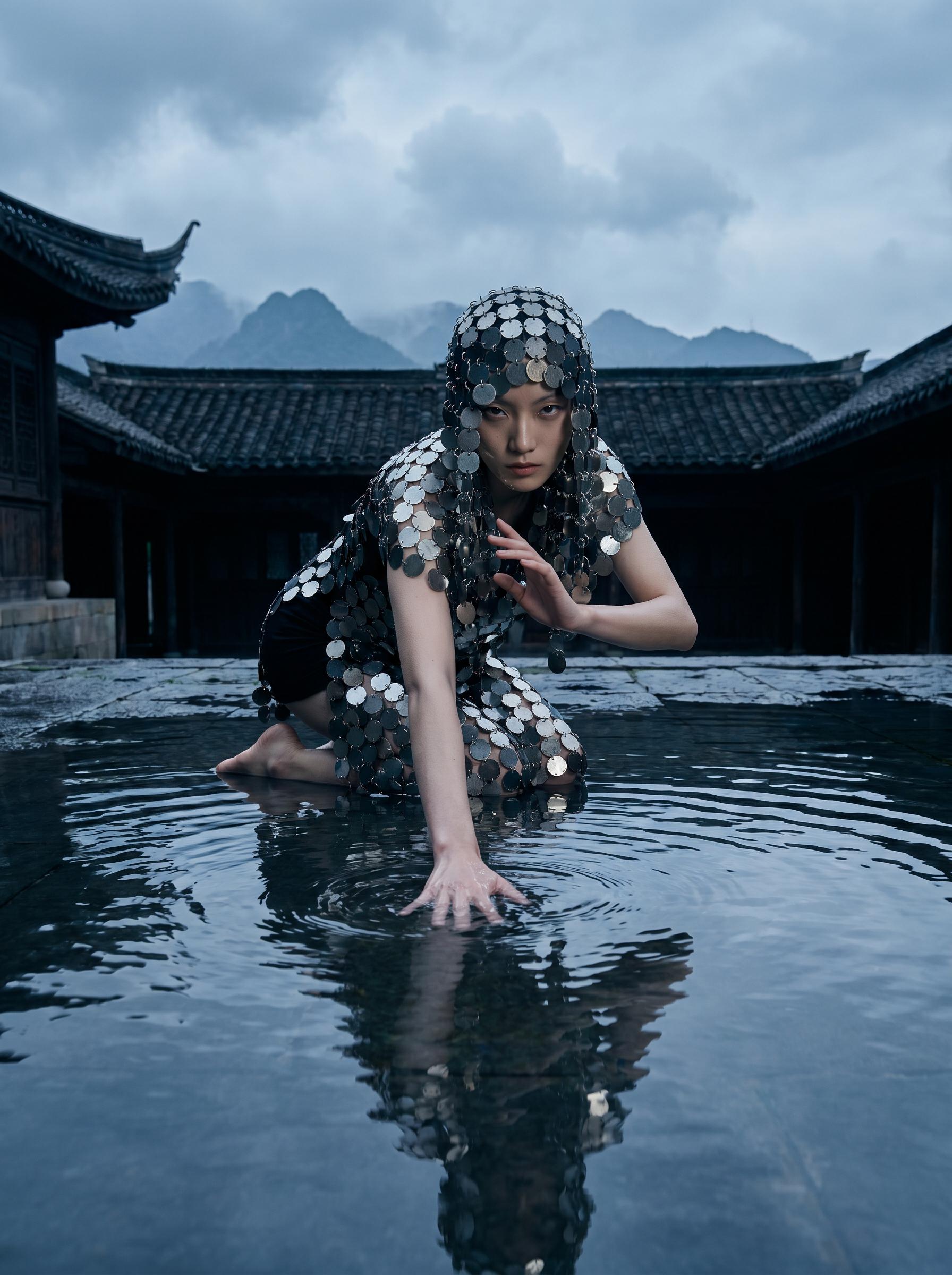 Ancient Courtyard Water Futuristic Couture Low Angle