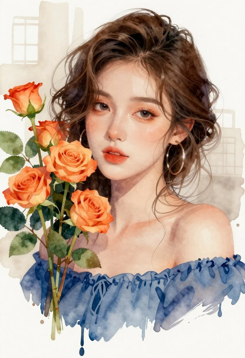 Close-up Portrait Young Woman With Elegant Floral Elements And Watercolor-inspired reference photo