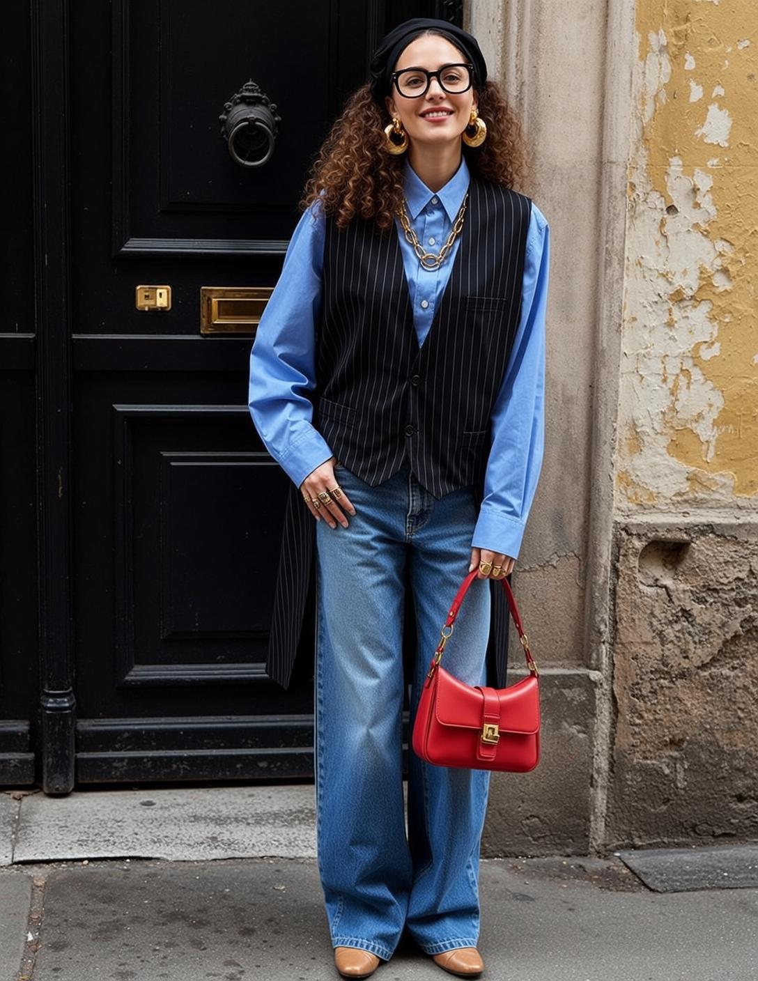 Black Pinstripe Vest Light Blue Button Street Pavement Black