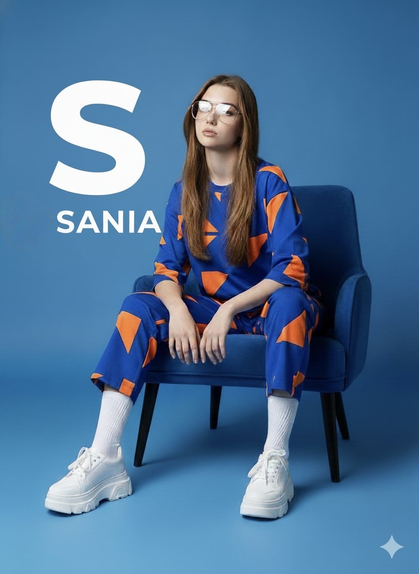 Blue Orange Geometric Outfit Sitting On Armchair