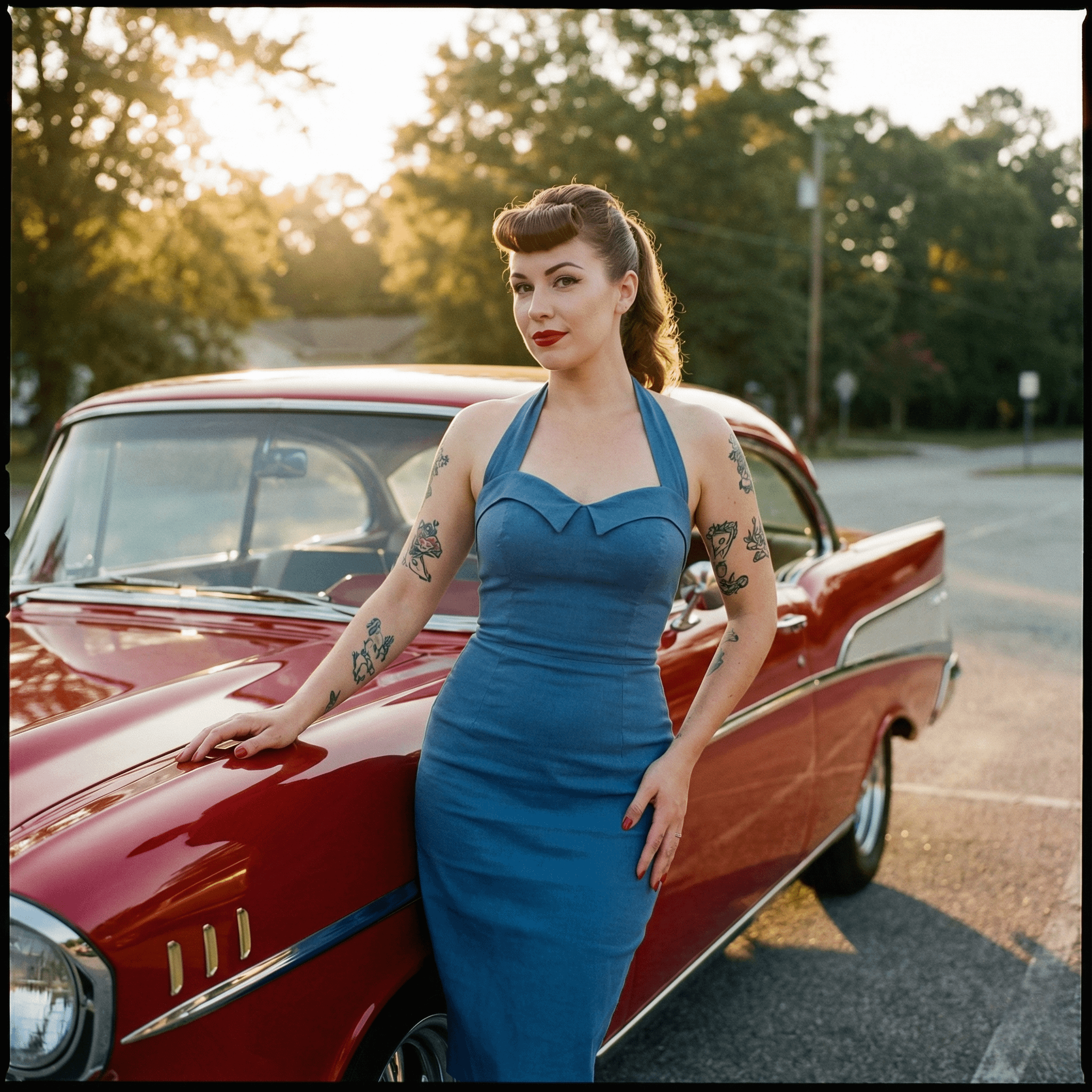A mesmerising woman in a blue fitted 1950s dress stands beside a cherry red classic car during golden hour, embodying vintage elegance.