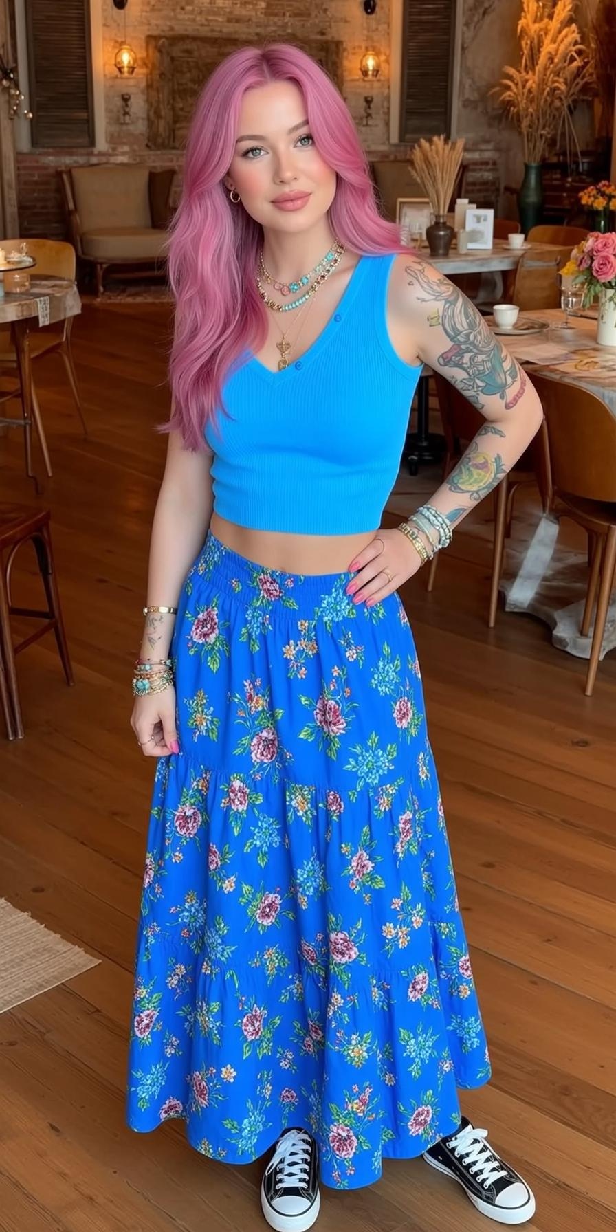 Pink Hair Floral Skirt Cafe