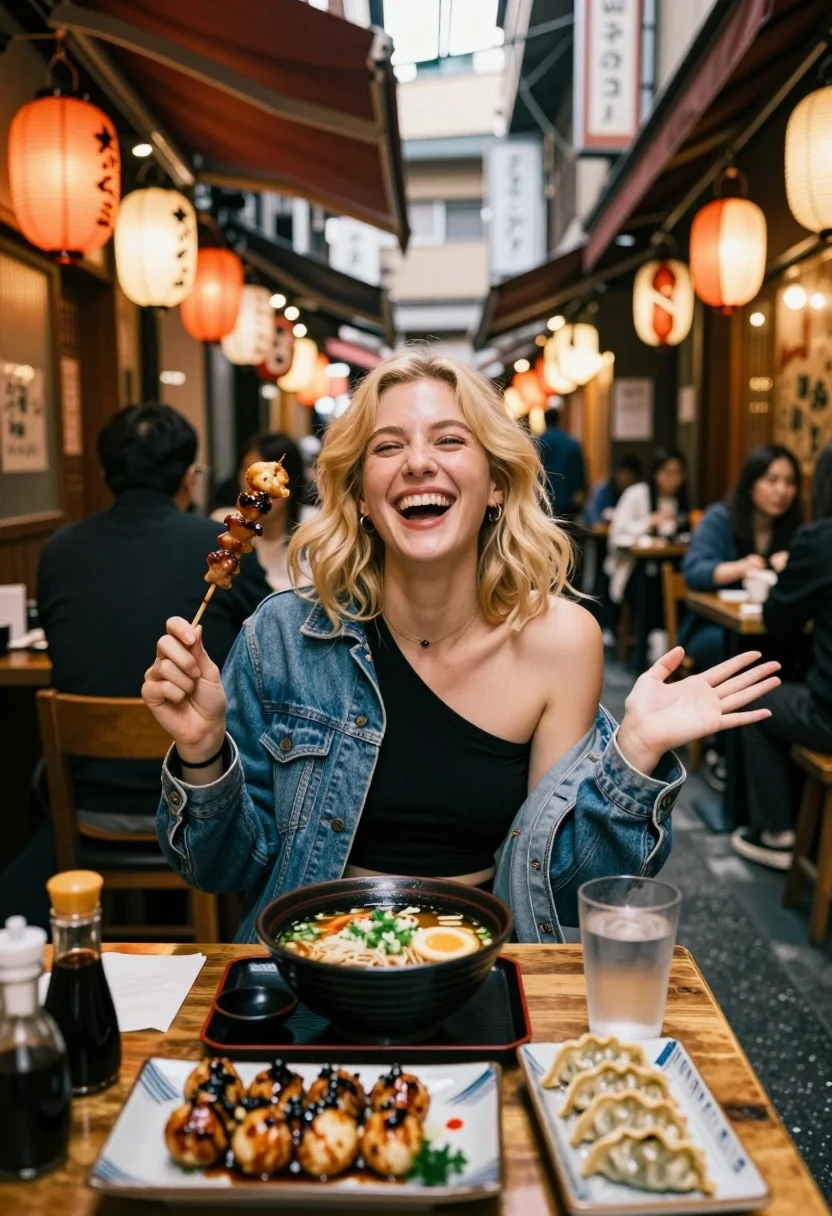 Laughing Woman With Wavy Blonde Hair Sits Wooden Table Bustling