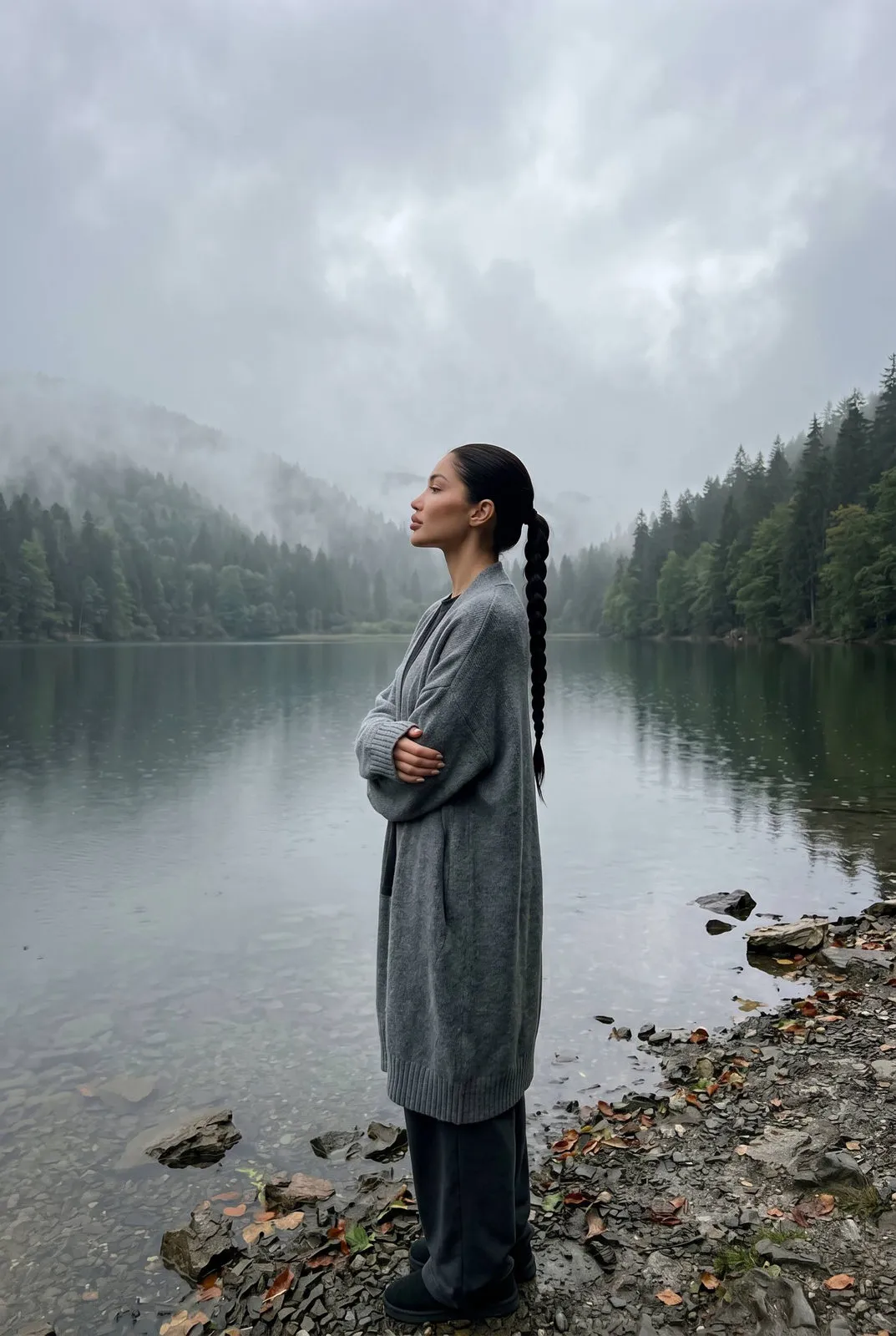 Mountain Lake Misty Forest Grey Cardigan Profile
