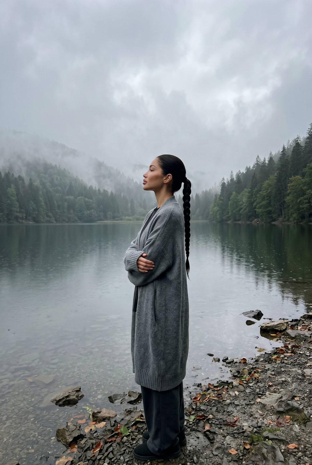 A woman in a grey cardigan stands at the edge of a calm lake, misty forest in the background, under soft diffused light.