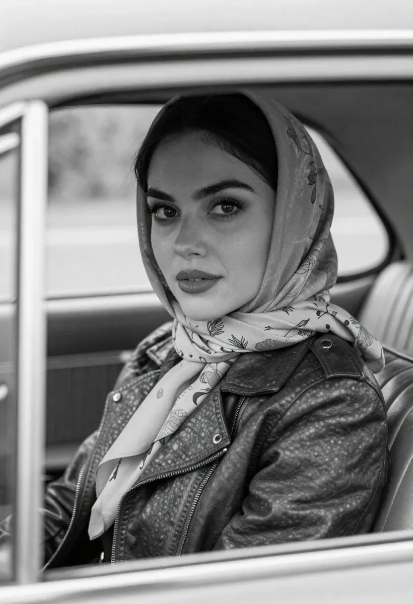 Black And White Portrait Woman Seated Inside Classic Car Subject