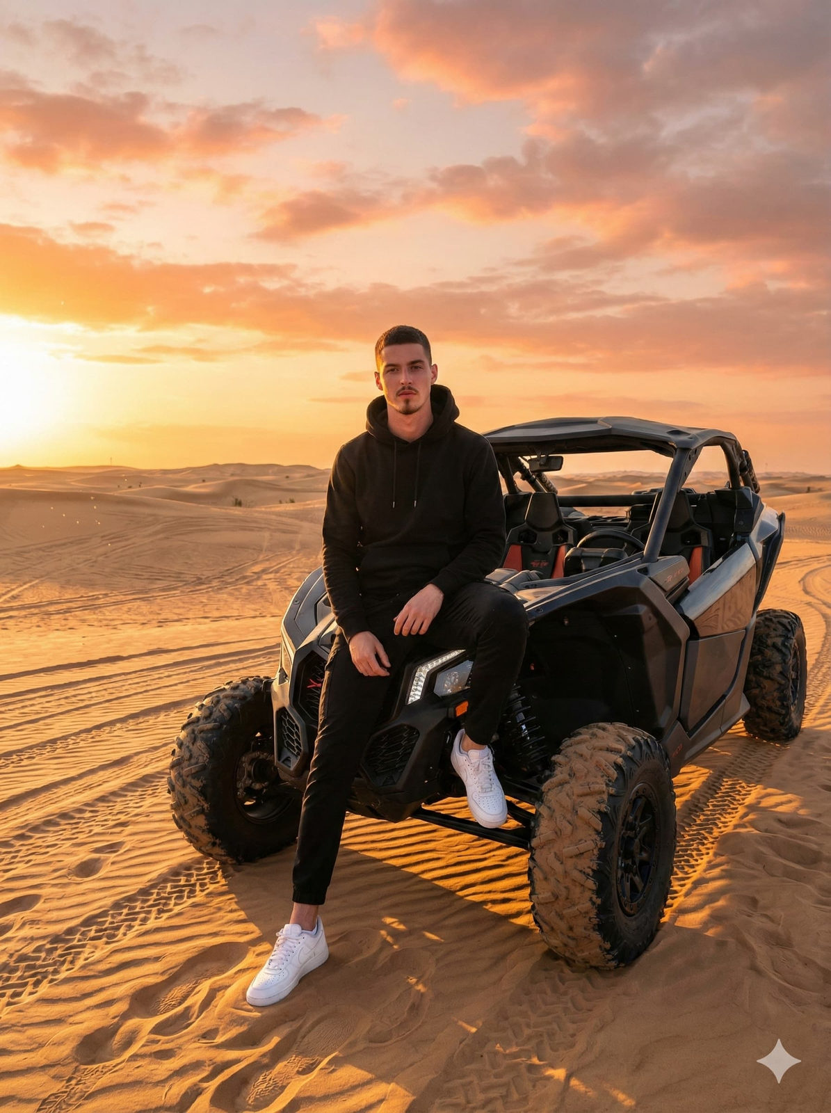 A hyper-realistic portrait of a person in a hoodie sitting on a black UTV buggy in a vibrant desert at sunset, surrounded by sand dunes.