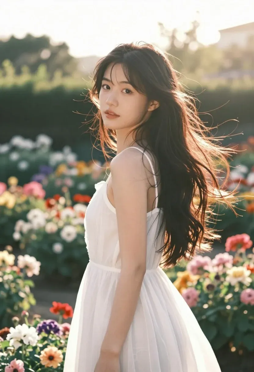 Young Woman With Long Dark Hair Stands Sunlit Garden Filled