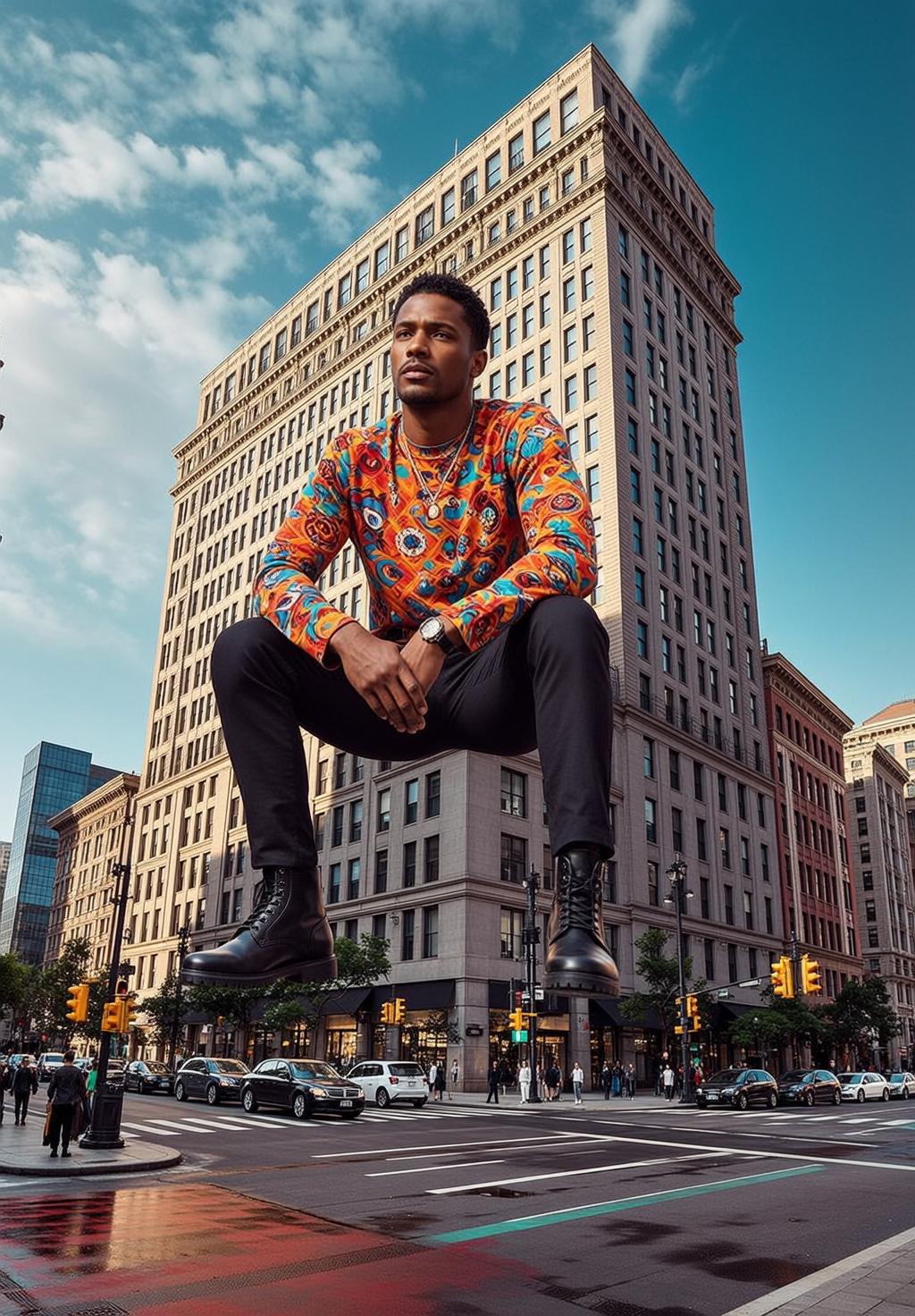 Long Sleeved Shirt City Street In Wet Asphalt Cars