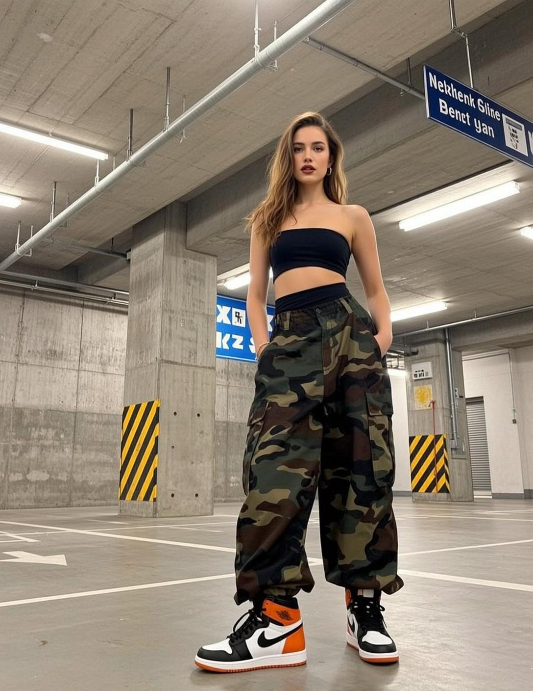 Black Crop Top Camo Pants Parking Garage
