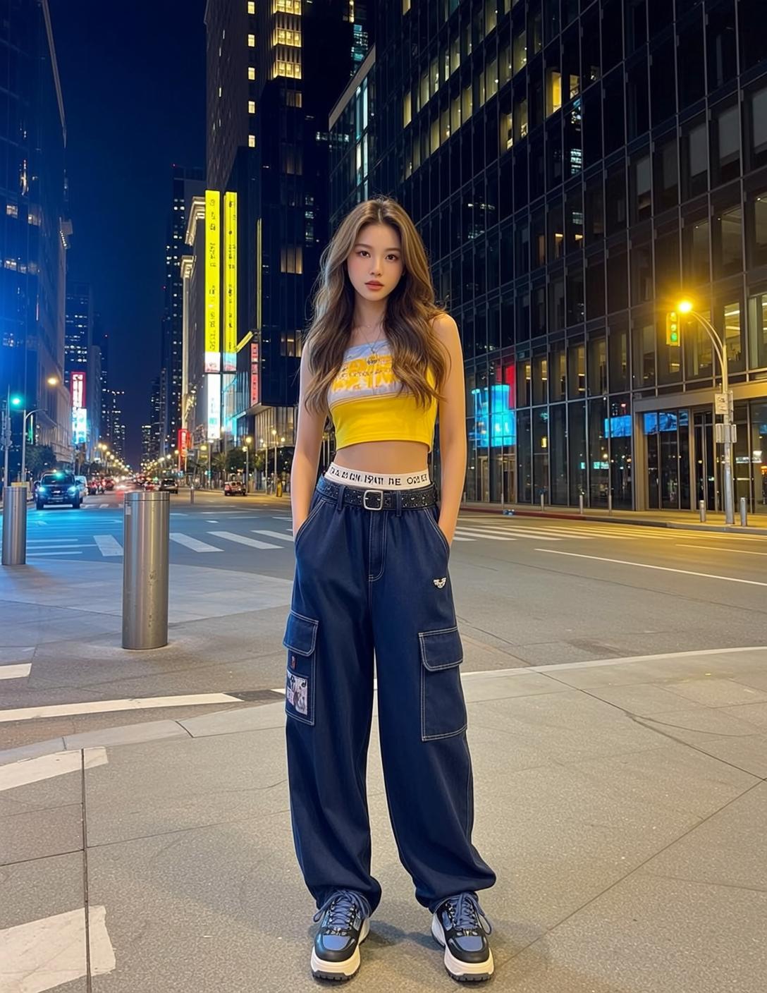 Night City Street Yellow Tube Top Cargo Pants