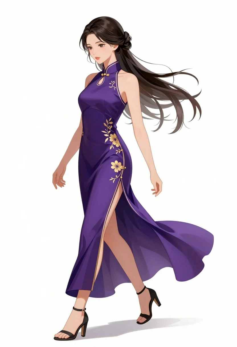 Graceful Woman Flowing Purple Dress Walks Forward With Elegant Stride
