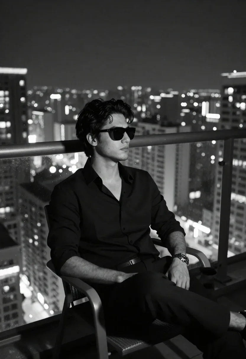 Man Sits Relaxed Chair Balcony Overlooking Sprawling City Skyline Night