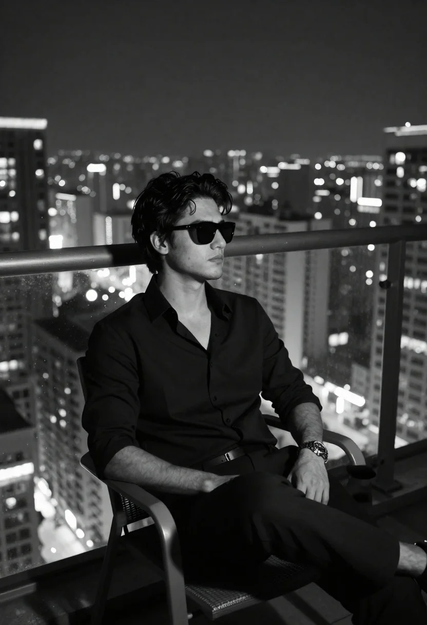 Man Sits Relaxed Chair Balcony Overlooking Sprawling City Skyline Night