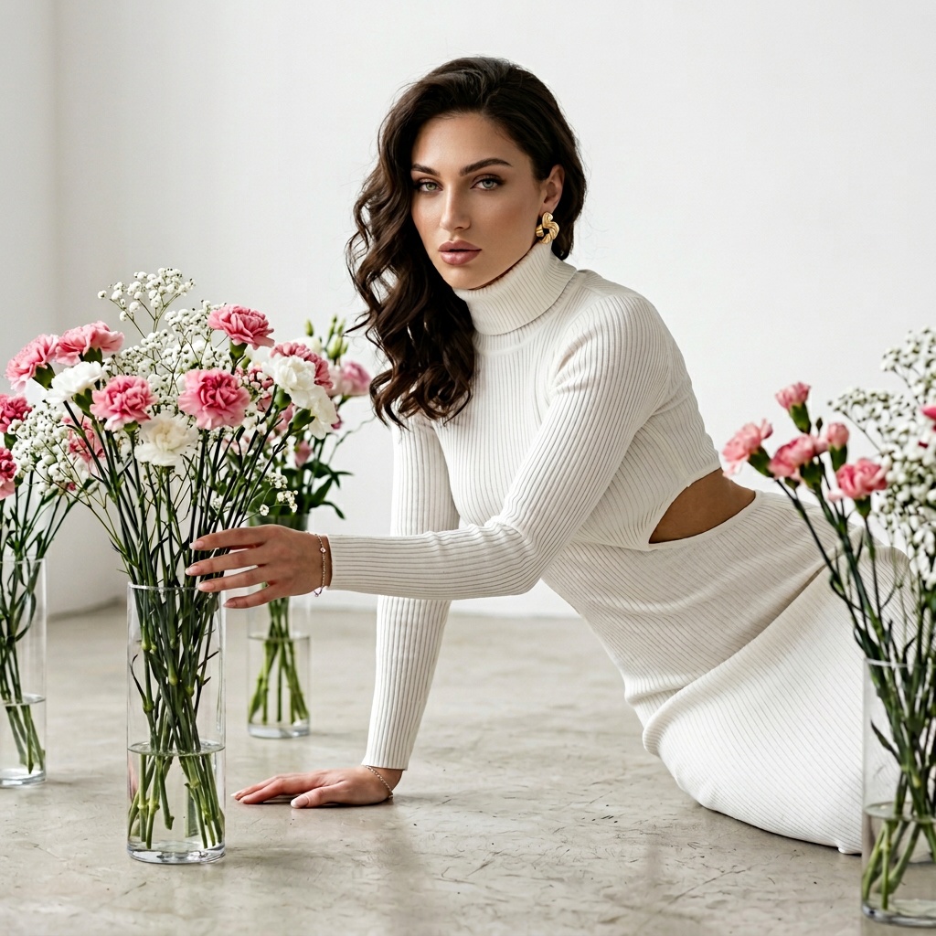 Elegant White Dress Studio Flowers Soft Romantic Pose