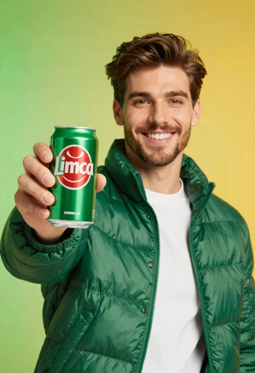 A smiling young man with short brown hair and a light beard holds a green soda can in a brightly lit studio environment.