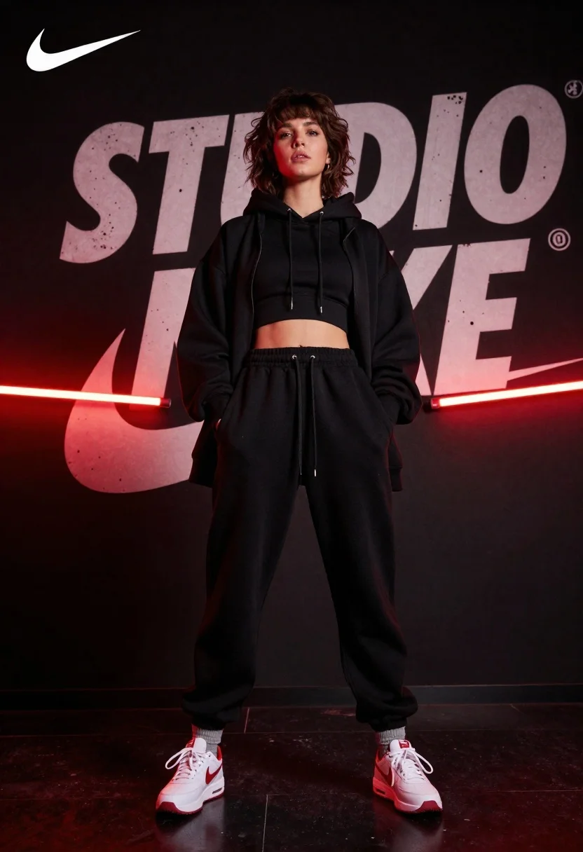 Young Woman With Short Tousled Hair Stands Confidently Dark Studio