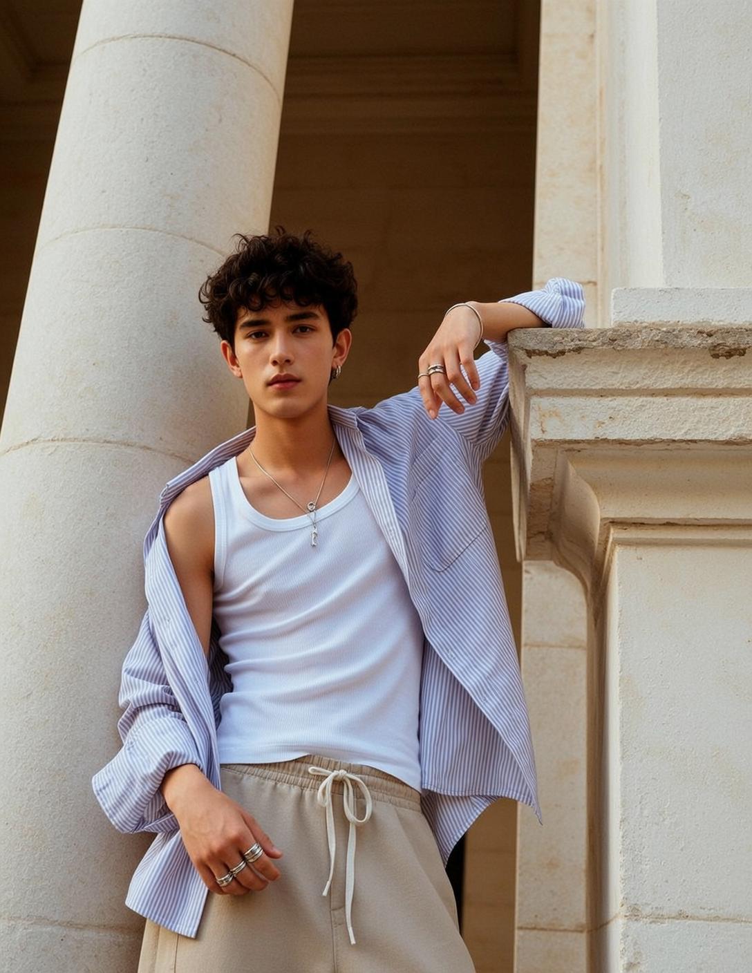 Explore Young Stands Leaning Against Textured Stone