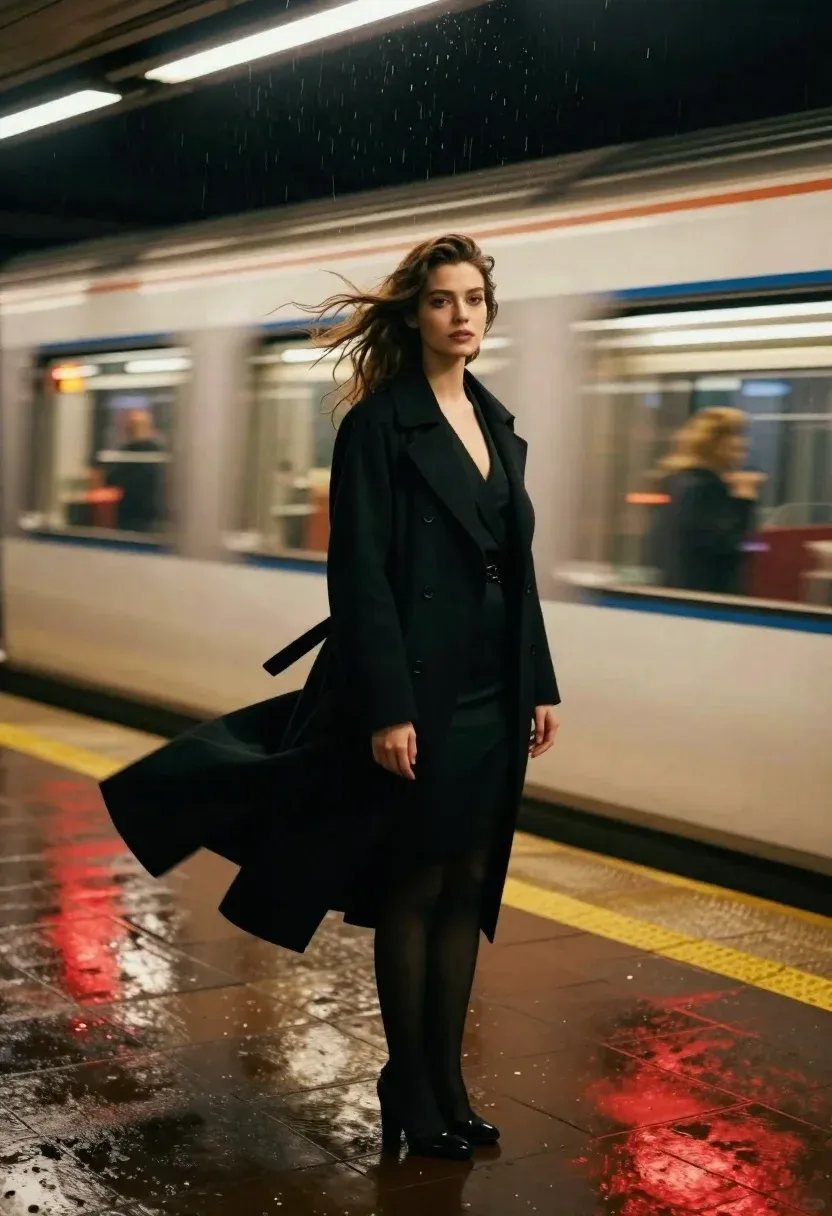 Cinematic Portrait Woman Standing Wet Subway Platform Train Rushes Past