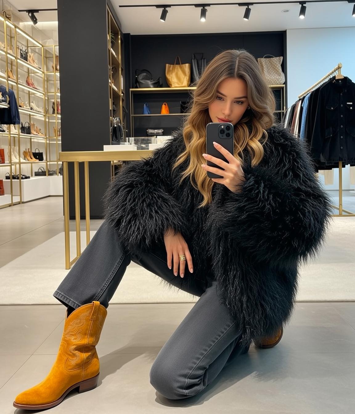 Blonde Woman Shaggy Fur Coat Boutique Selfie
