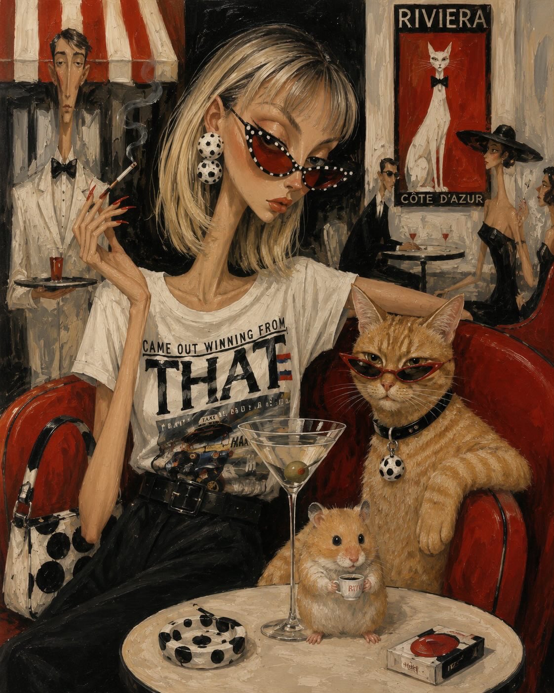 Cat Red Velvet Booth Oil Painting Illustration