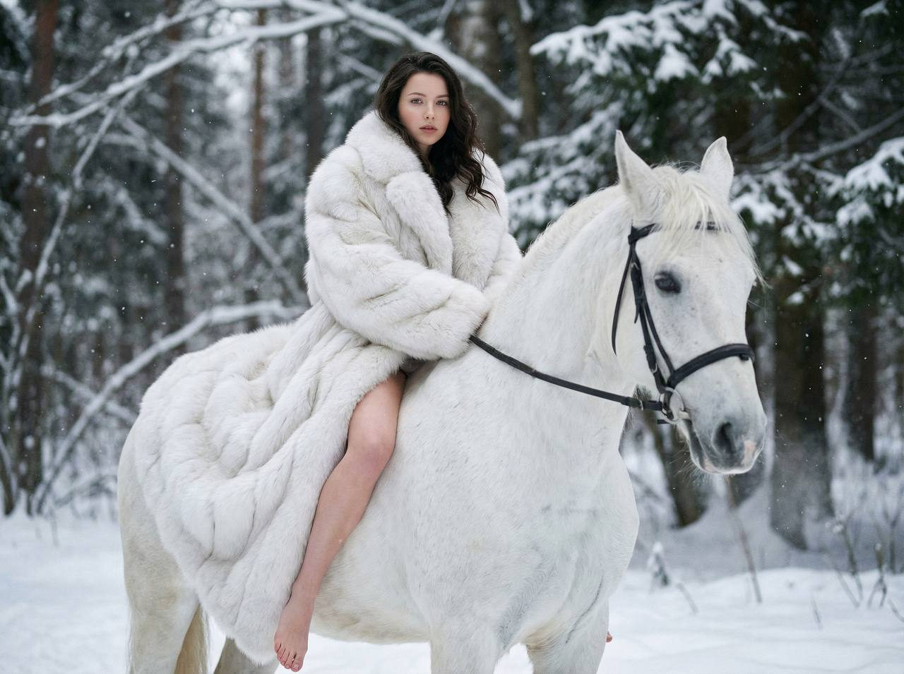 A woman in a voluminous fur coat riding a majestic horse through a snowy forest, showcasing elegant makeup on a cloudy winter day.