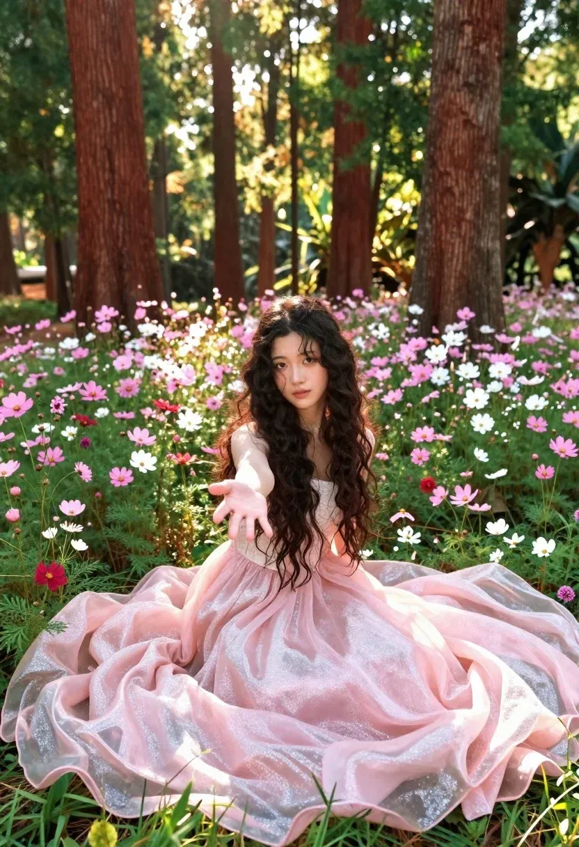 Young Woman With Long Dark Hair Sits Gracefully Sun-dappled Forest