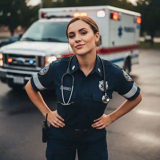 Female Dressed Paramedic Gorgeous Flirting Attractive Ambulance Background Full Body