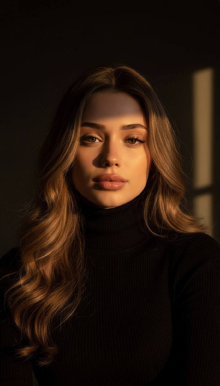 A dramatic portrait of a woman in a ribbed turtleneck, illuminated by warm golden hour light, with highlighted cheekbones and natural skin texture.