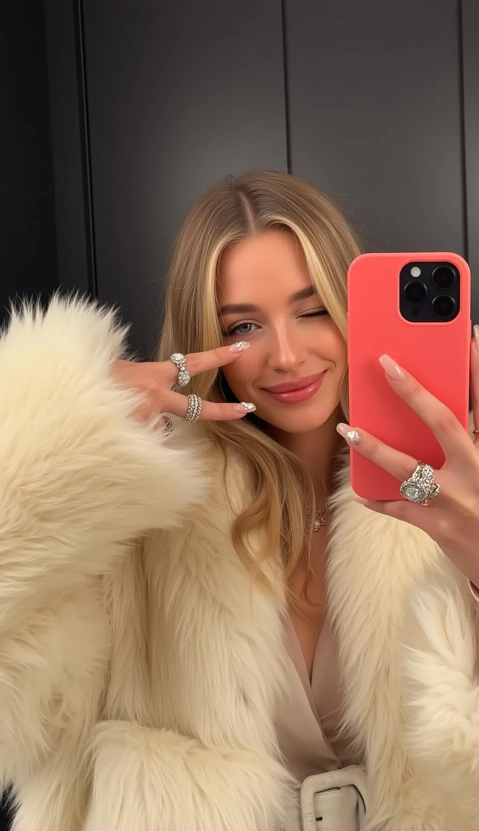 Rings And Necklace Holding A Coral Phone