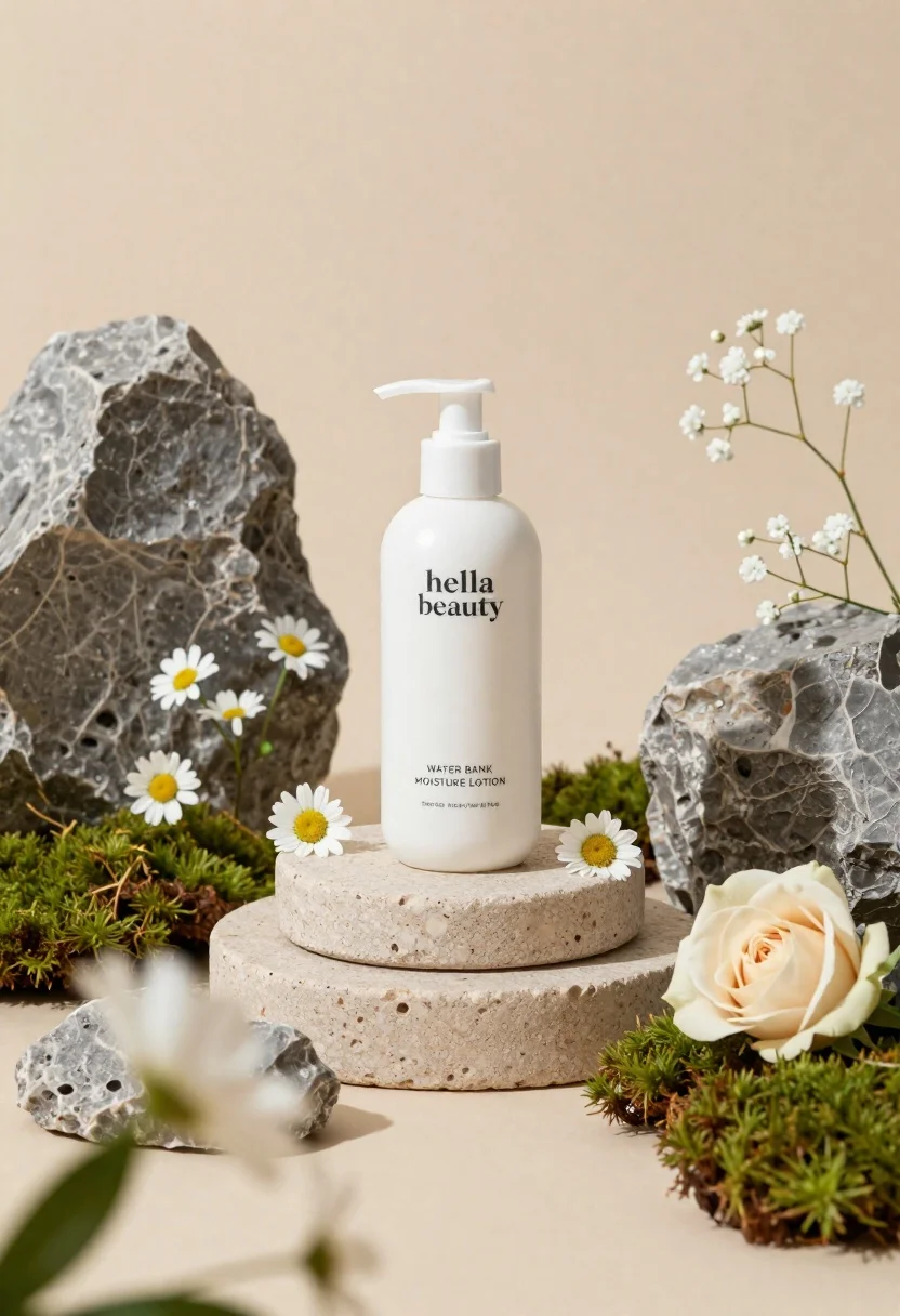 Minimalist Product Shot Featuring White Lotion Bottle Centered Tiered Stone