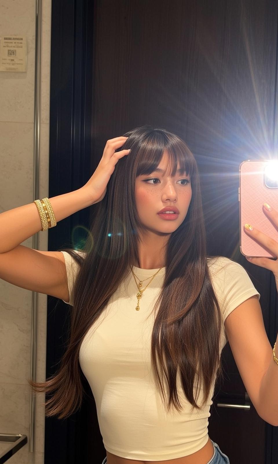 Explore Captured Selfie Holding Pink Smartphone Her