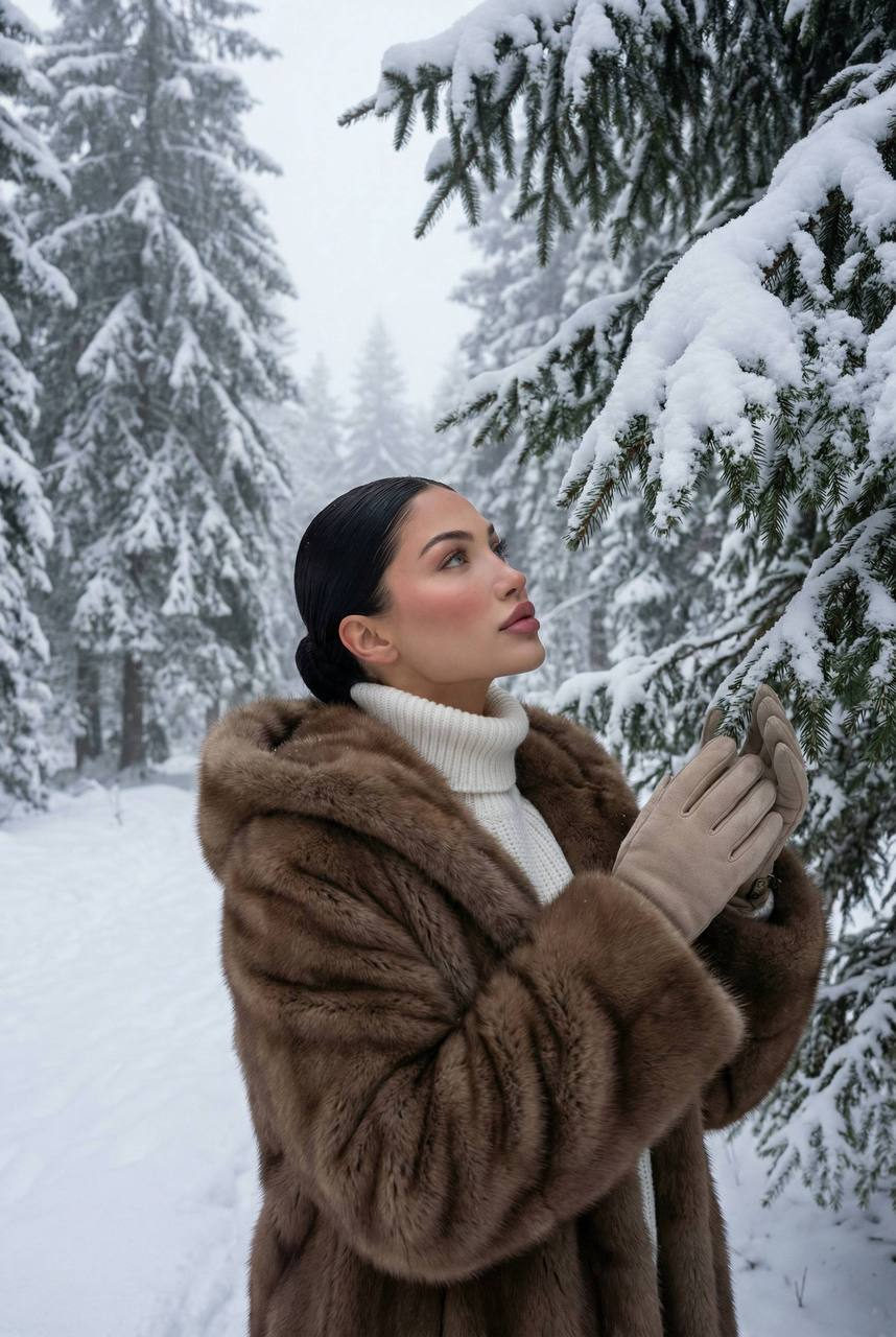 A woman in a thick white knitted turtleneck and fur coat standing in a winter forest, gazing at snow-covered branches.