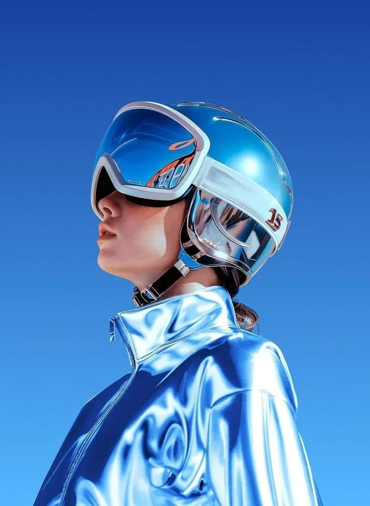 Futuristic Woman Metallic Blue Jacket Sci Fi Helmet