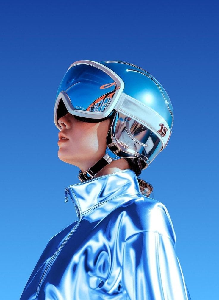 Futuristic Woman Metallic Blue Jacket Sci Fi Helmet