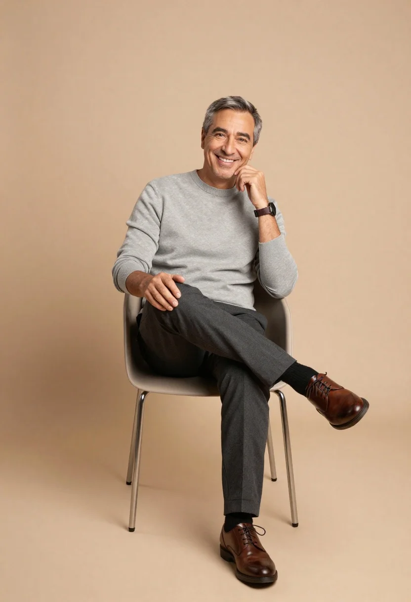Studio Portrait Smiling Middle-aged Man Seated Minimalist Chair Against Solid reference photo