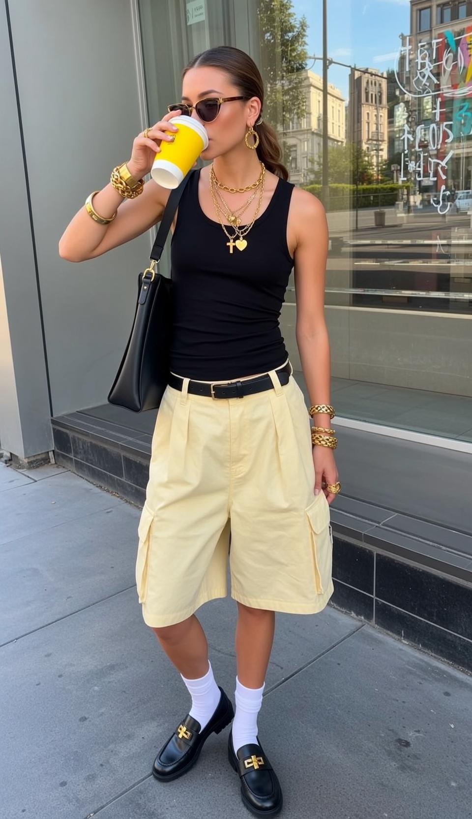 Black Tank Top Ponytail City Street Standing