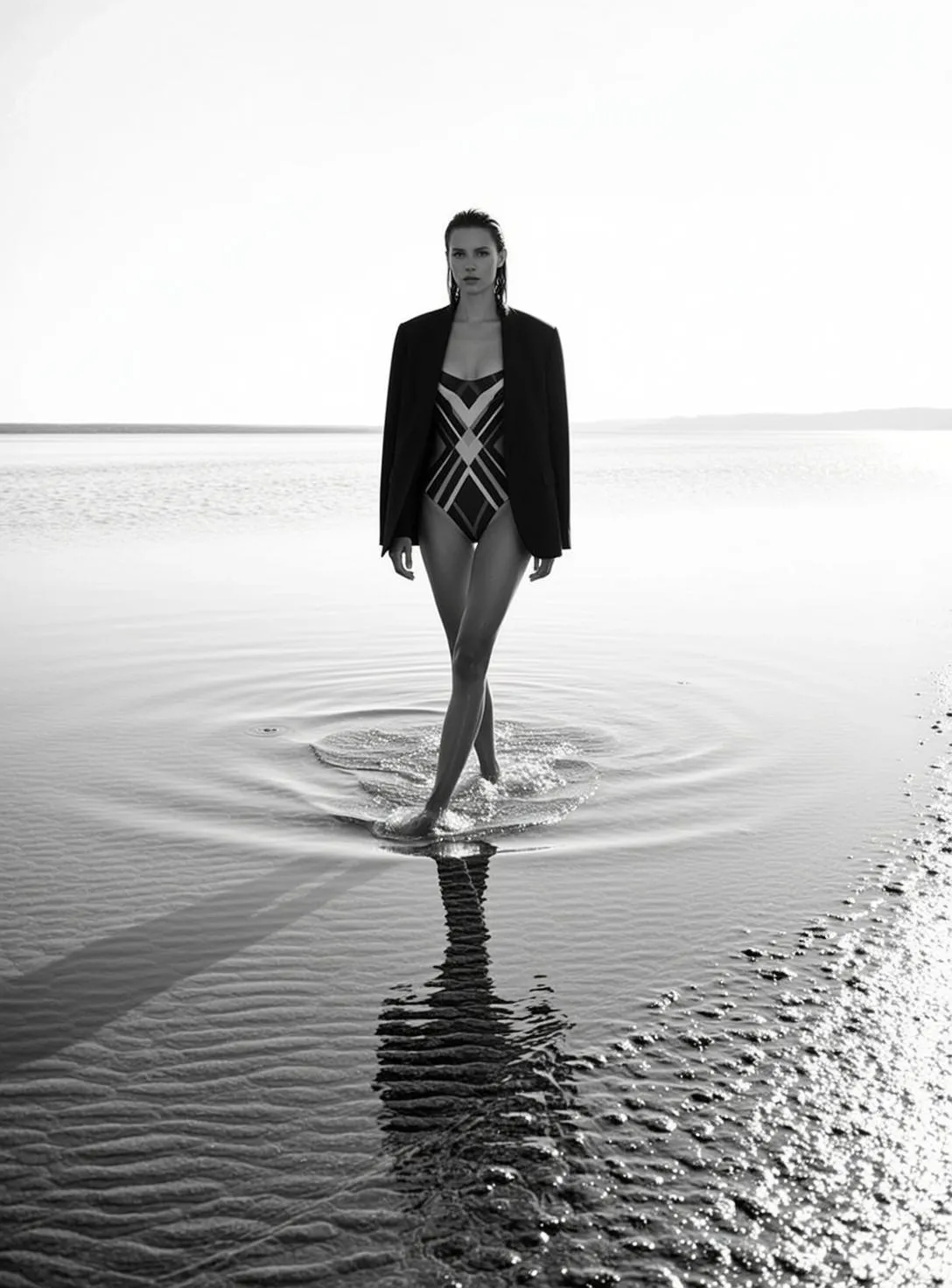 Full-body Eye-level Black And White Photograph Captures Slender Woman Walking