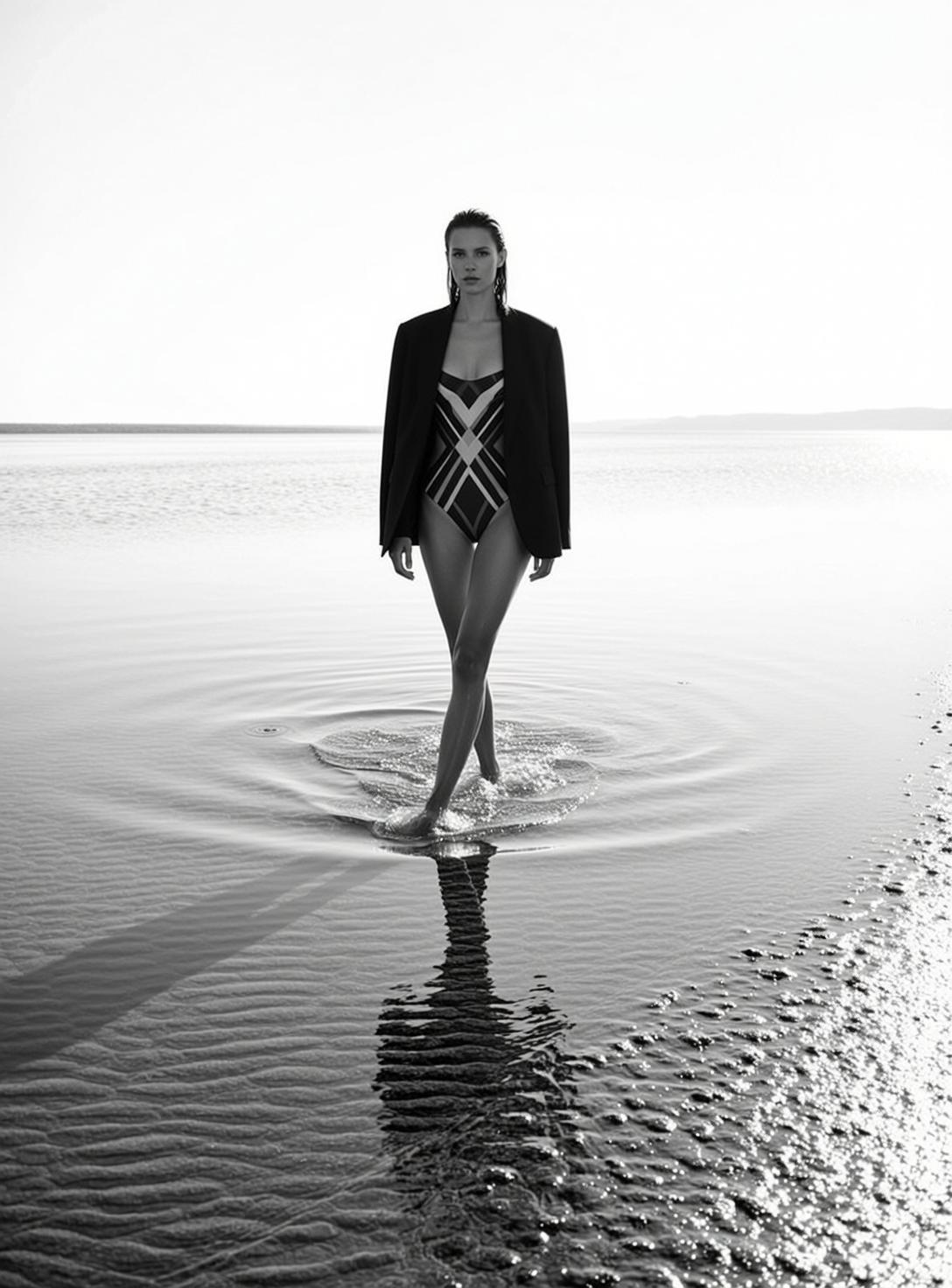 Full-body Eye-level Black And White Photograph Captures Slender Woman Walking