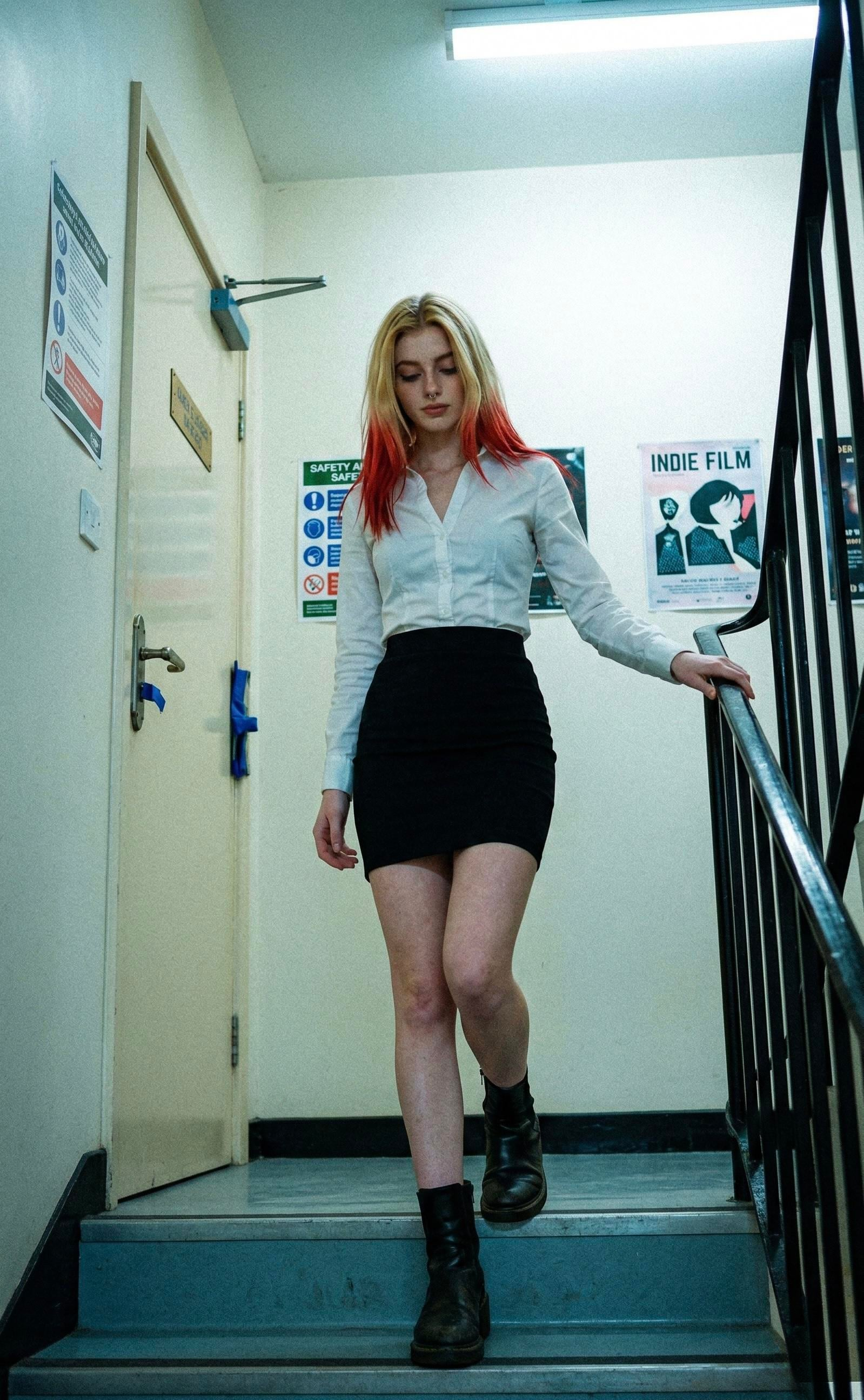 A woman with fiery red ends in windblown hair descends blue steps, wearing a white shirt and black mini skirt.