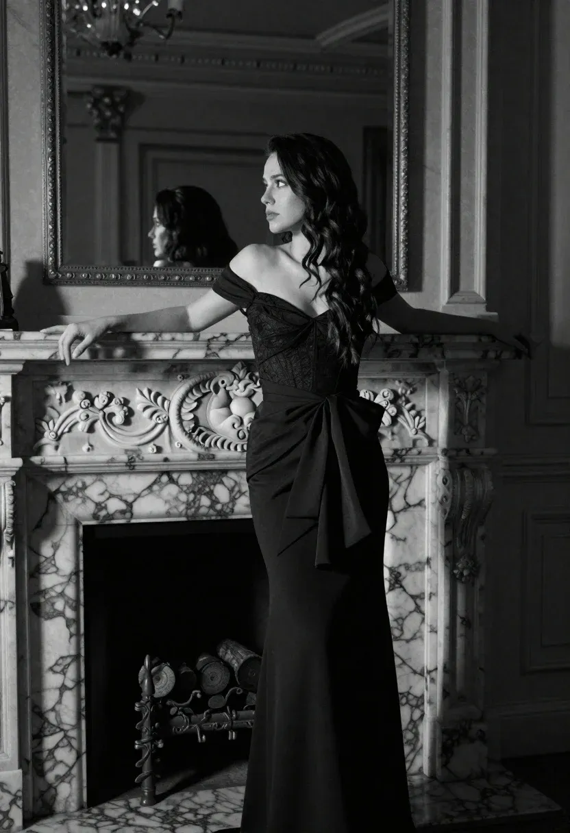 Woman Stands Leaning Against Ornate Marble Fireplace Dimly Lit Interior