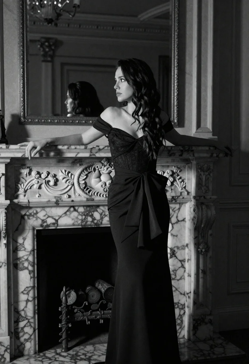 Woman Stands Leaning Against Ornate Marble Fireplace Dimly Lit Interior reference photo