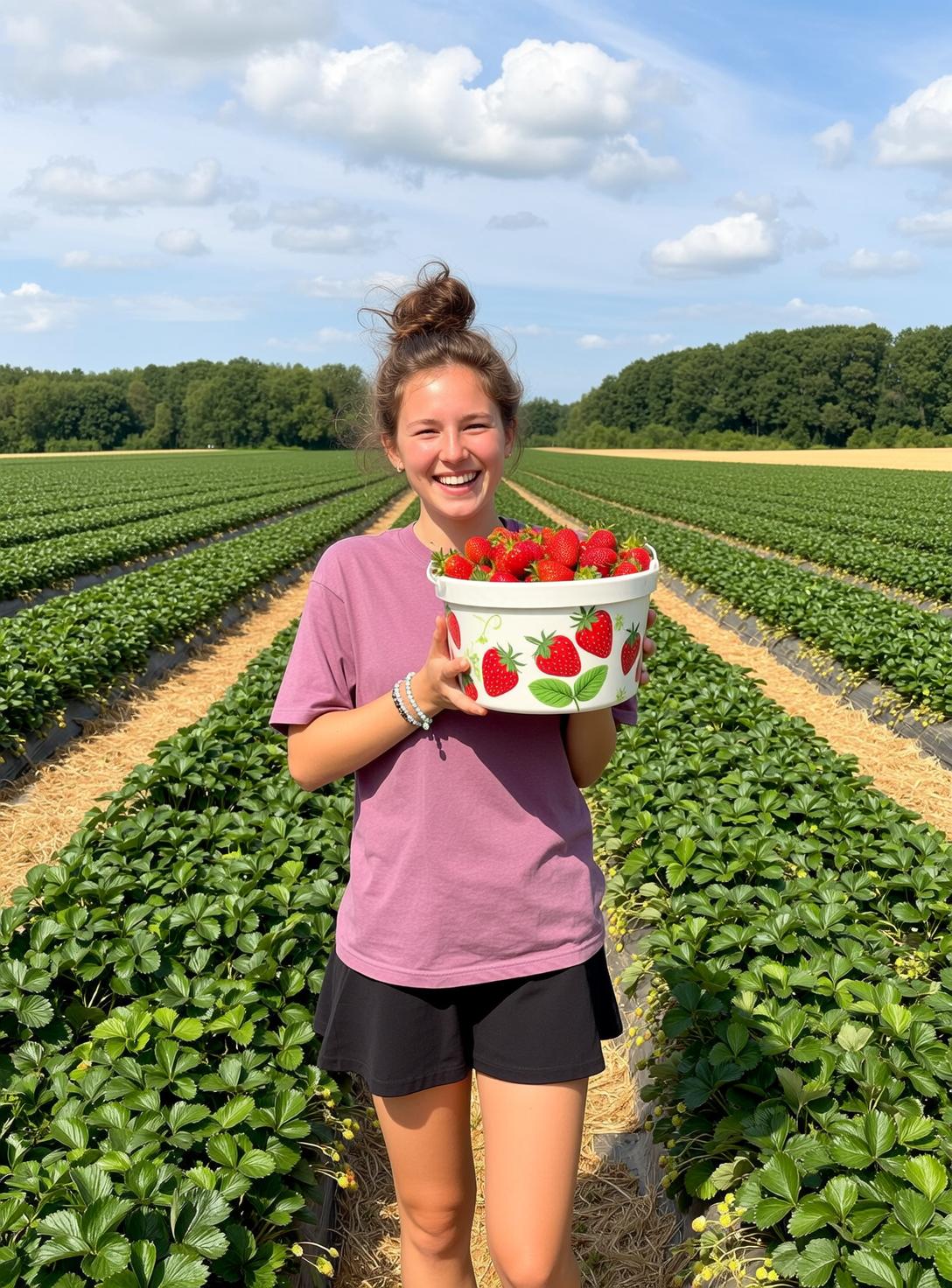 Explore Young Stands Strawberry Field Holding White