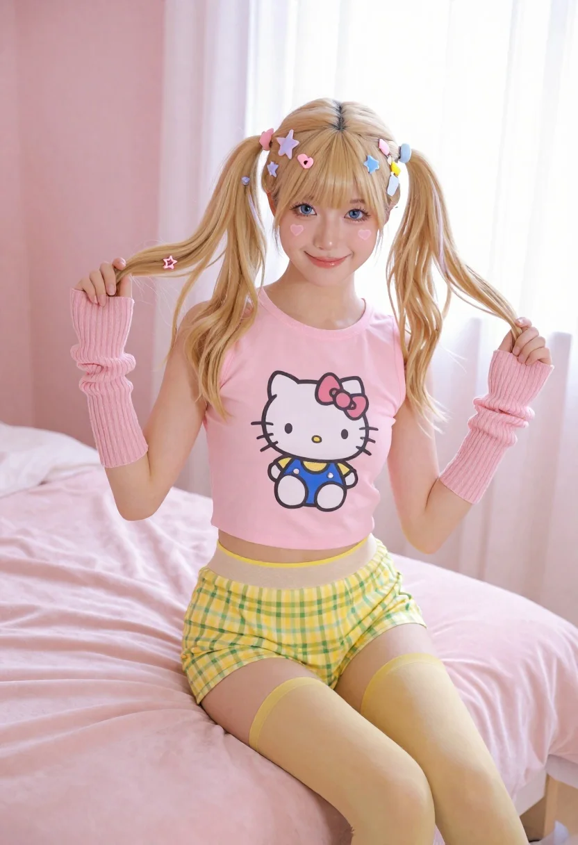 Young Woman With Blonde Hair Styled High Pigtails Adorned With