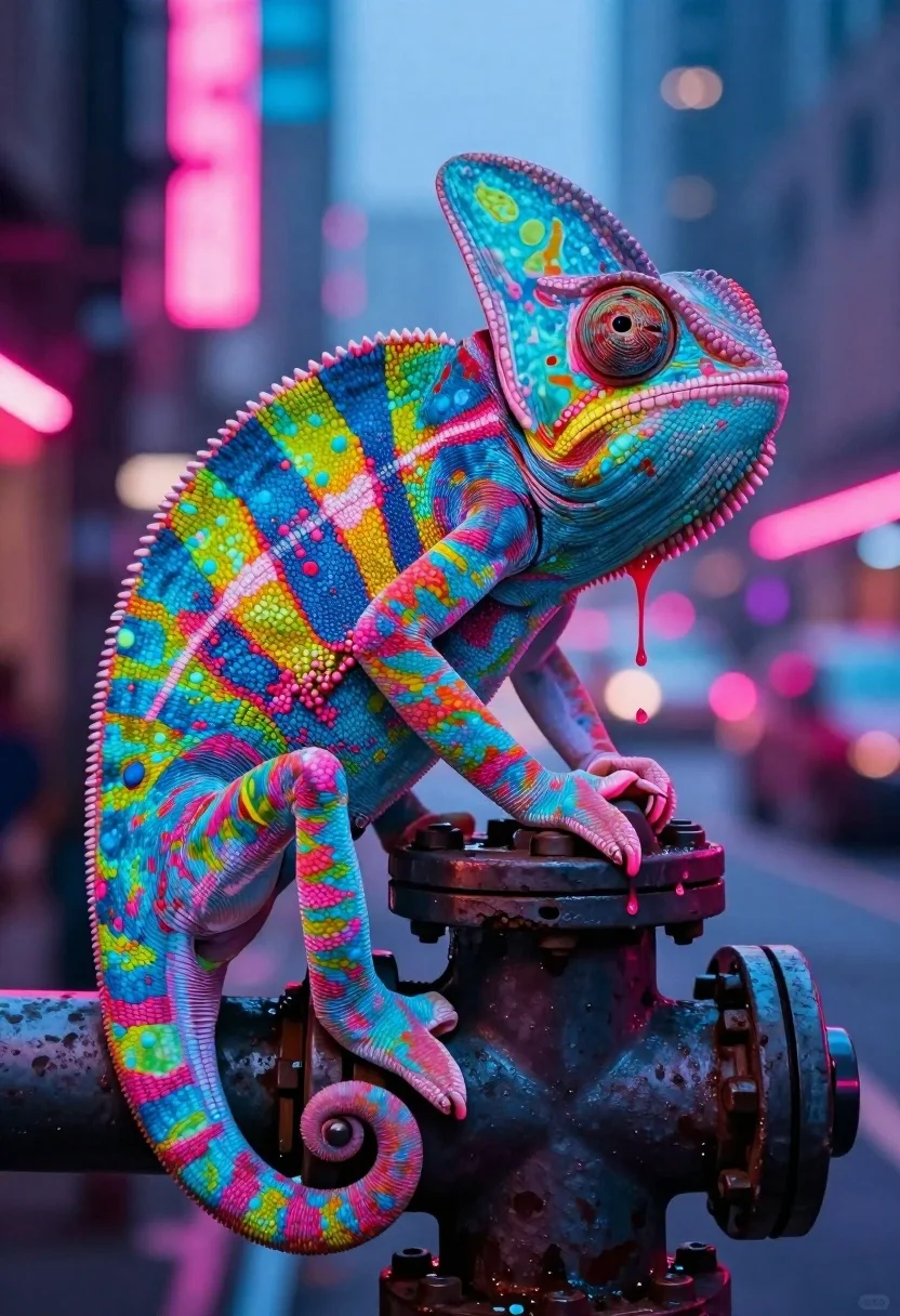 Vividly Colorful Chameleon Perched Dark Pipe Neon-lit Urban Setting Subject