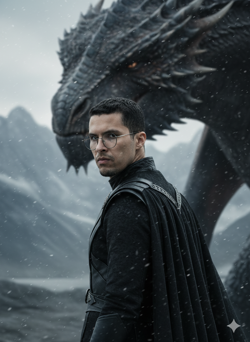 A realistic portrait of a person in Targaryen black attire, with Drogon in the background, captured in a cold, mystical setting.