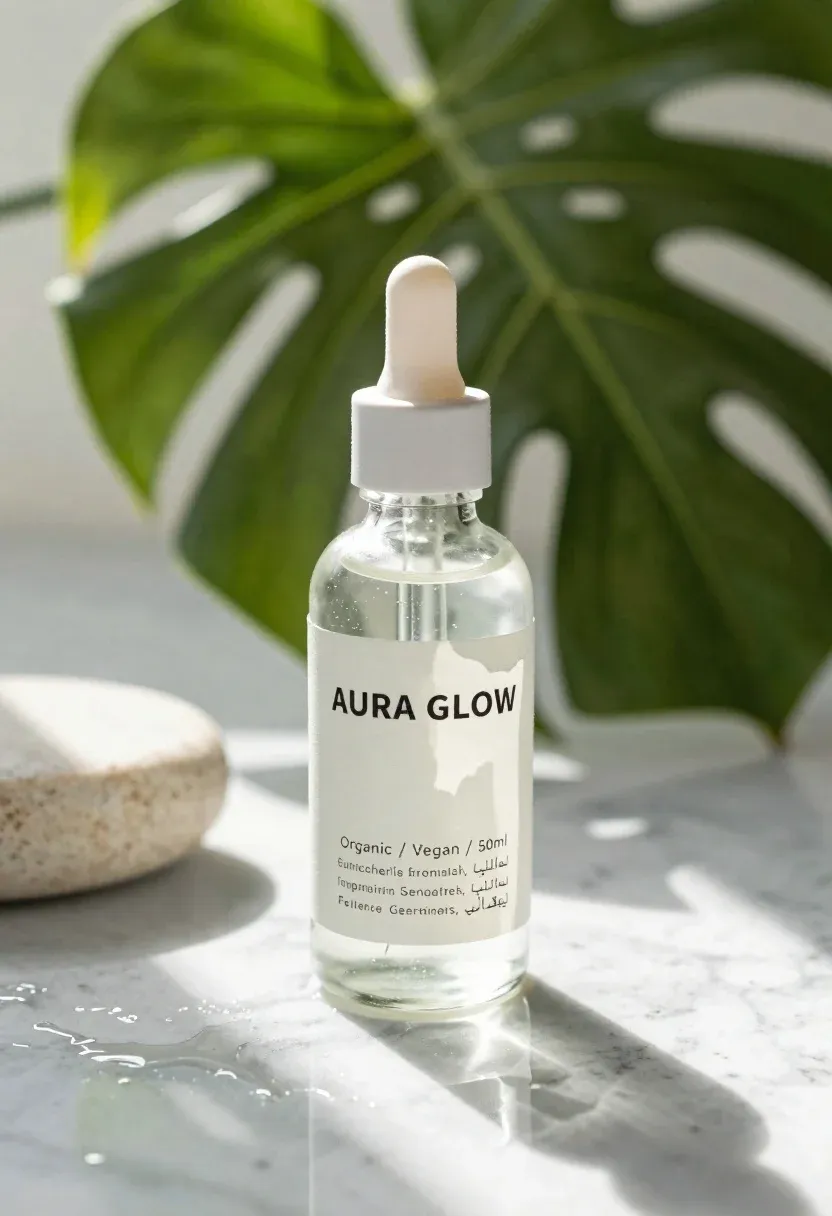 Clear Glass Dropper Bottle With White Cap Sits Wet Marble