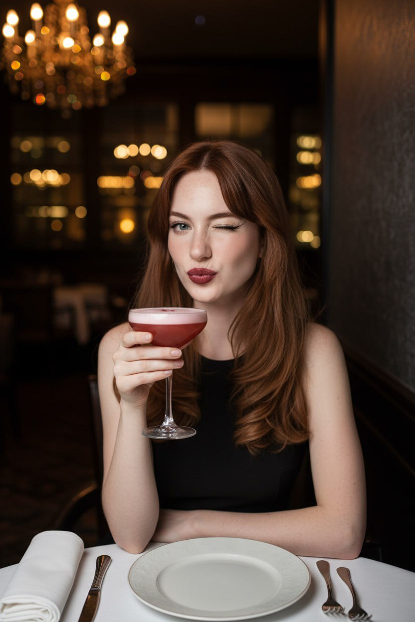 A stylish woman seated at a restaurant table, winking playfully while holding a pink cocktail.
