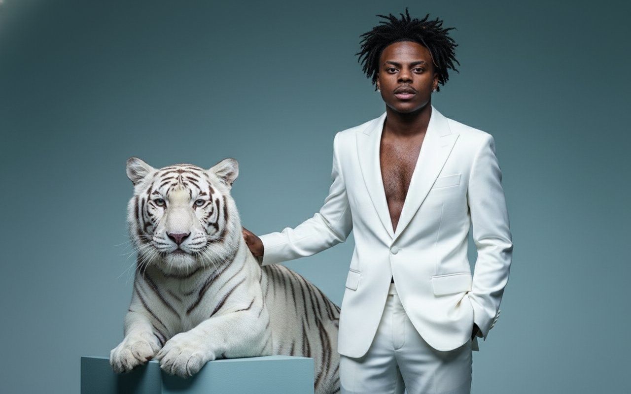 Close-up of a confident individual in a tailored white suit, hand gently resting on a white Bengal tiger.
