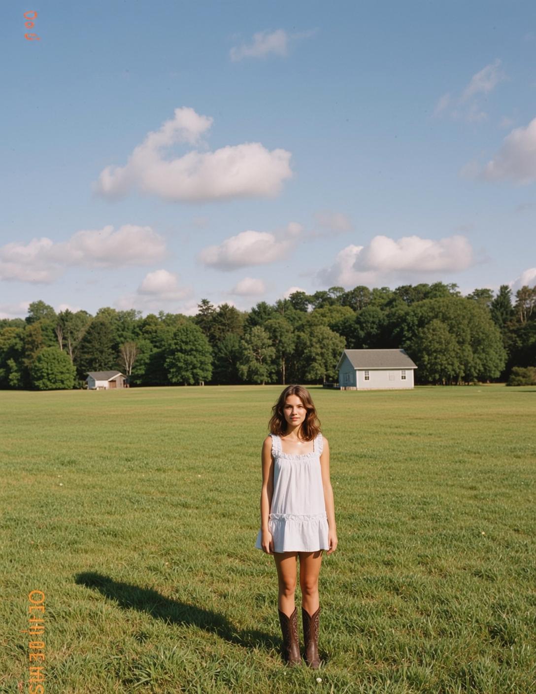 Cowgirl Young Stands Centered Vast Sunlit Grassy